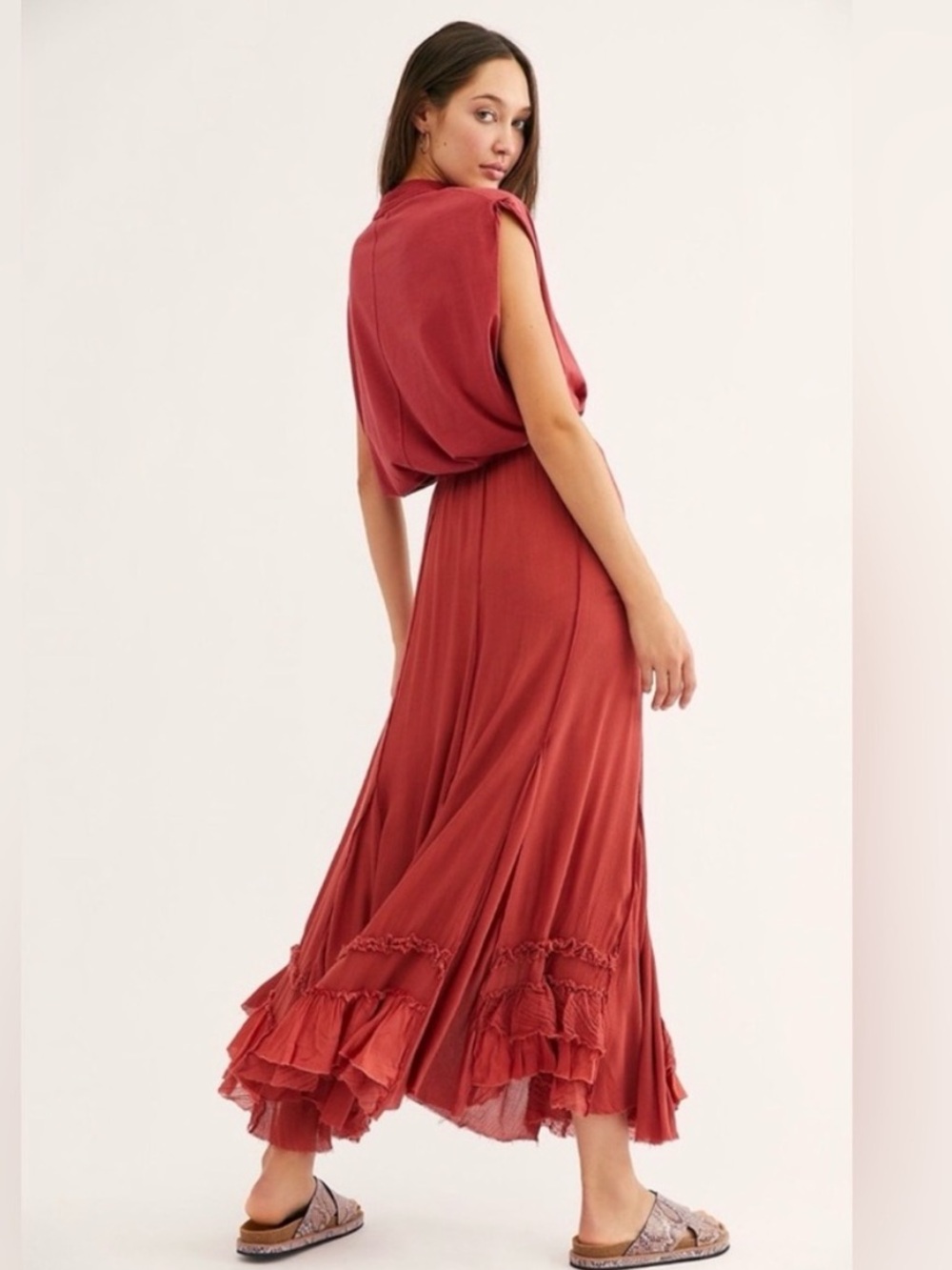 Free People FP One Cypress Ruffle Maxi Skirt Boho Whimsical Pomegranate Rust XS